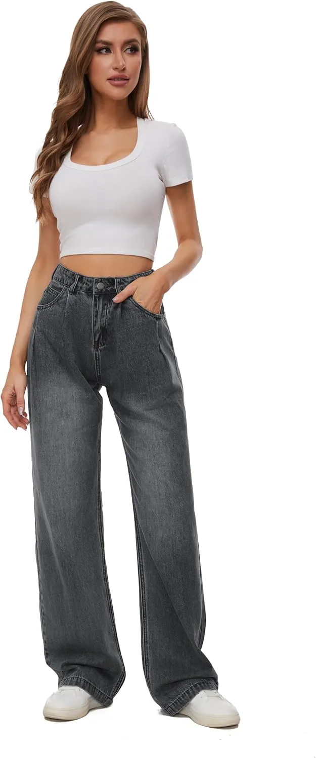 Women Straight Ankle Jeans Casual Loose High Waist Solid Denim Pants