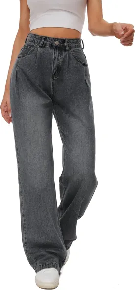 Women Straight Ankle Jeans Casual Loose High Waist Solid Denim Pants