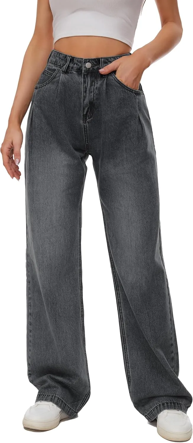 Women Straight Ankle Jeans Casual Loose High Waist Solid Denim Pants