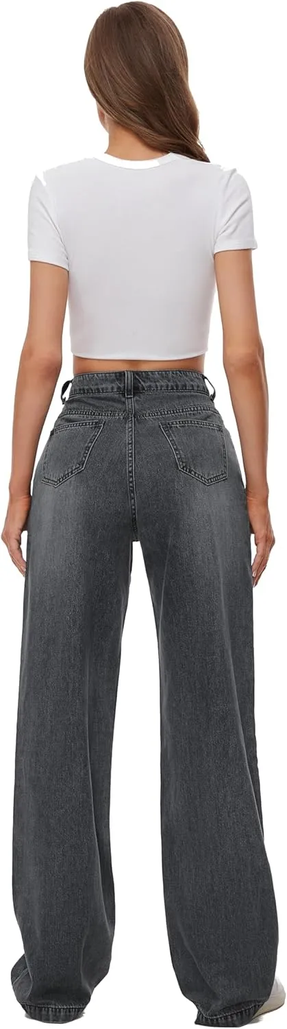 Women Straight Ankle Jeans Casual Loose High Waist Solid Denim Pants