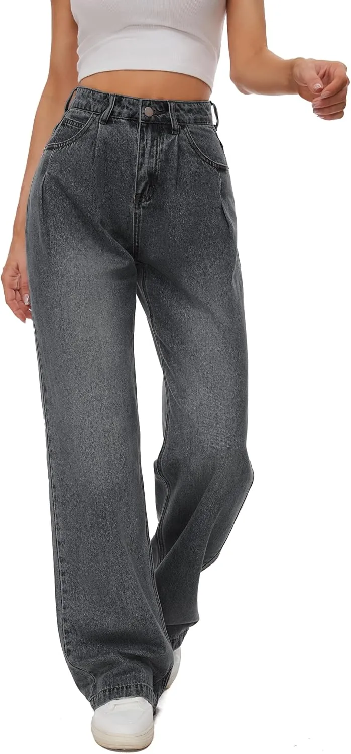 Women Straight Ankle Jeans Casual Loose High Waist Solid Denim Pants