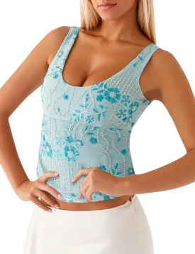 Women Y2k Sparkly Sequin Tank Tops Pearl Rhinestone Beaded Top Low Cut Scoop Neck Open Back Floral Crop Tops Party