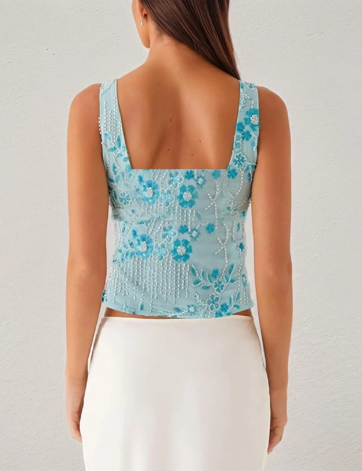 Women Y2k Sparkly Sequin Tank Tops Pearl Rhinestone Beaded Top Low Cut Scoop Neck Open Back Floral Crop Tops Party