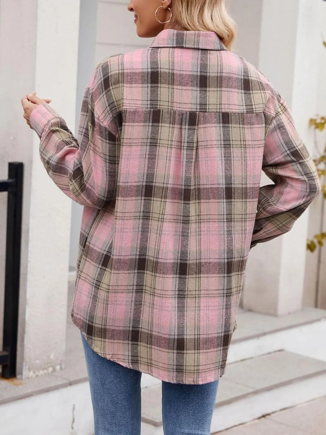 Womens Button Down Flannel Shirts Long Sleeve Plaid Shackets Business Casual Blouse Top