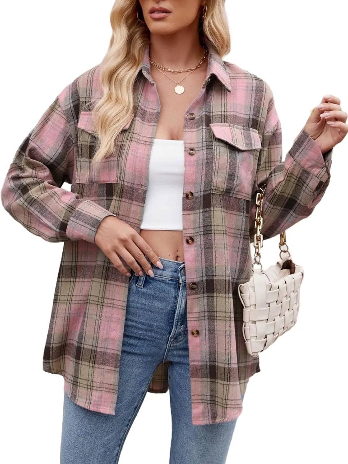 Womens Button Down Flannel Shirts Long Sleeve Plaid Shackets Business Casual Blouse Top