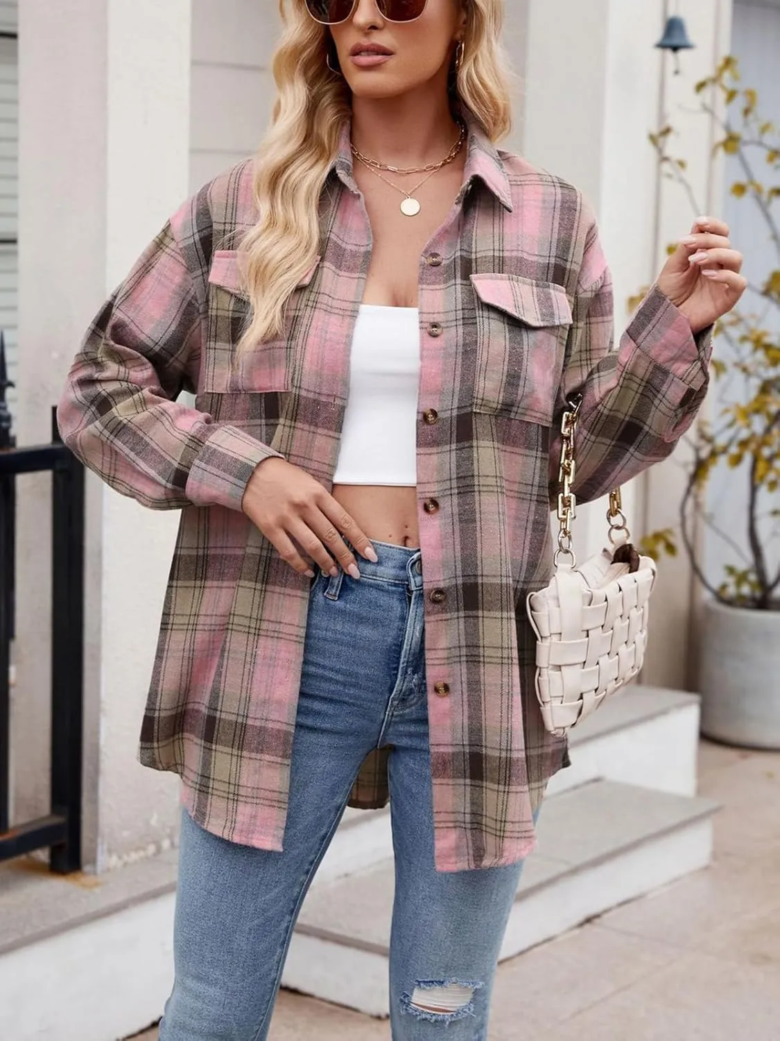Womens Button Down Flannel Shirts Long Sleeve Plaid Shackets Business Casual Blouse Top