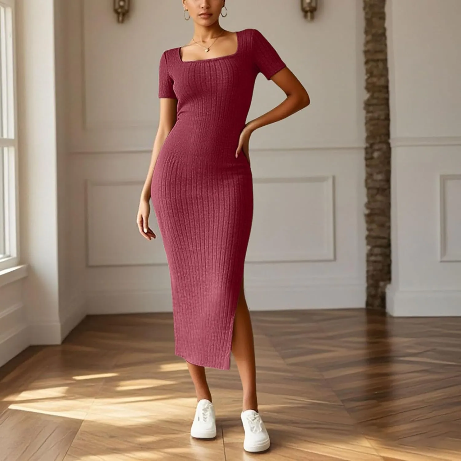 Women's Casual Square Neck Ribbed Maxi Dress Stretchy Summer Long Bodycon Knit Dress with Side Slit for Daily