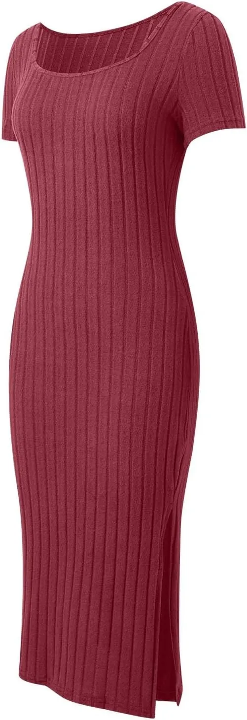 Women's Casual Square Neck Ribbed Maxi Dress Stretchy Summer Long Bodycon Knit Dress with Side Slit for Daily