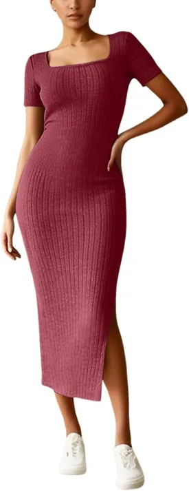 Women's Casual Square Neck Ribbed Maxi Dress Stretchy Summer Long Bodycon Knit Dress with Side Slit for Daily