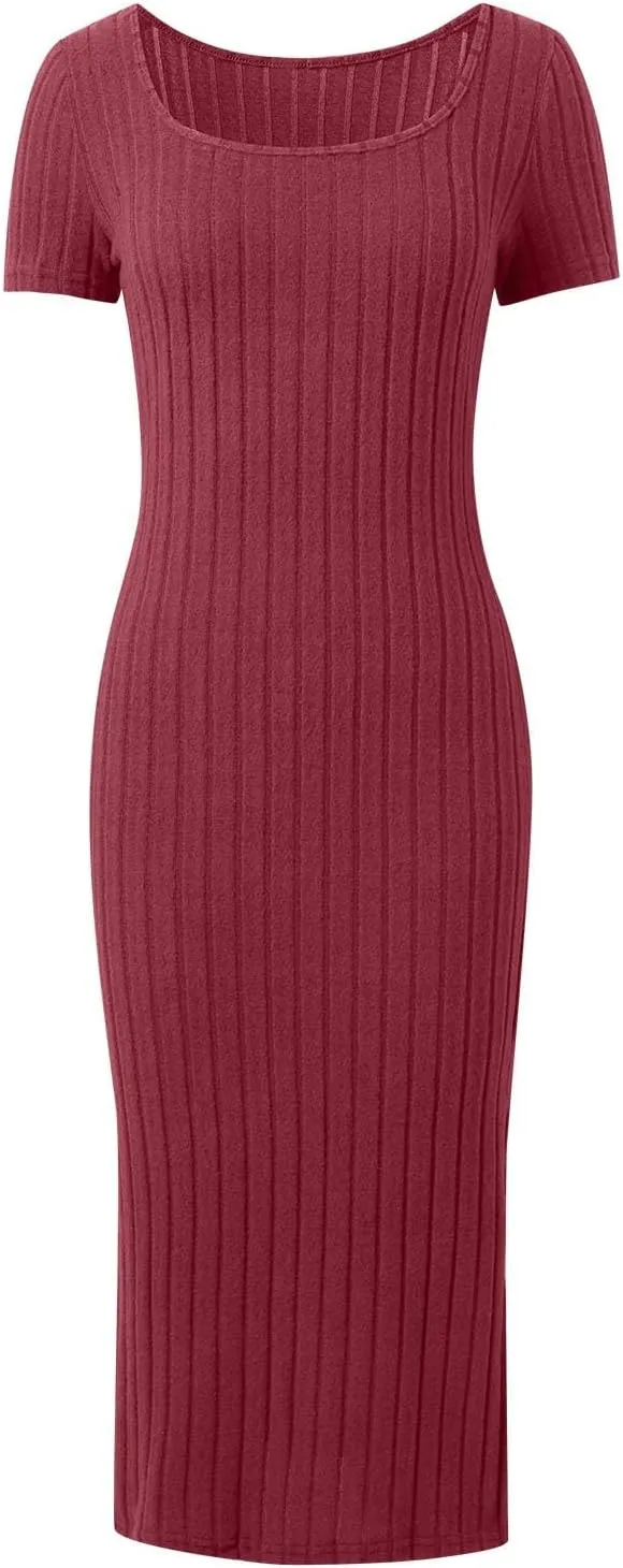 Women's Casual Square Neck Ribbed Maxi Dress Stretchy Summer Long Bodycon Knit Dress with Side Slit for Daily