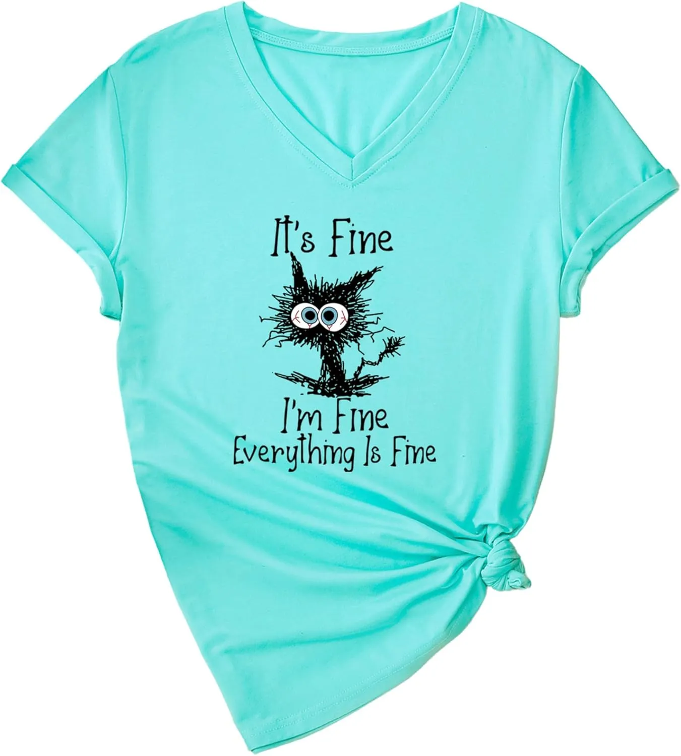 Women's I'm Fine Everything is Fine T Shirts Funny Sayings Casual V-Neck T Shirt Cute Cat Graphic Tee Sarcastic Shirts