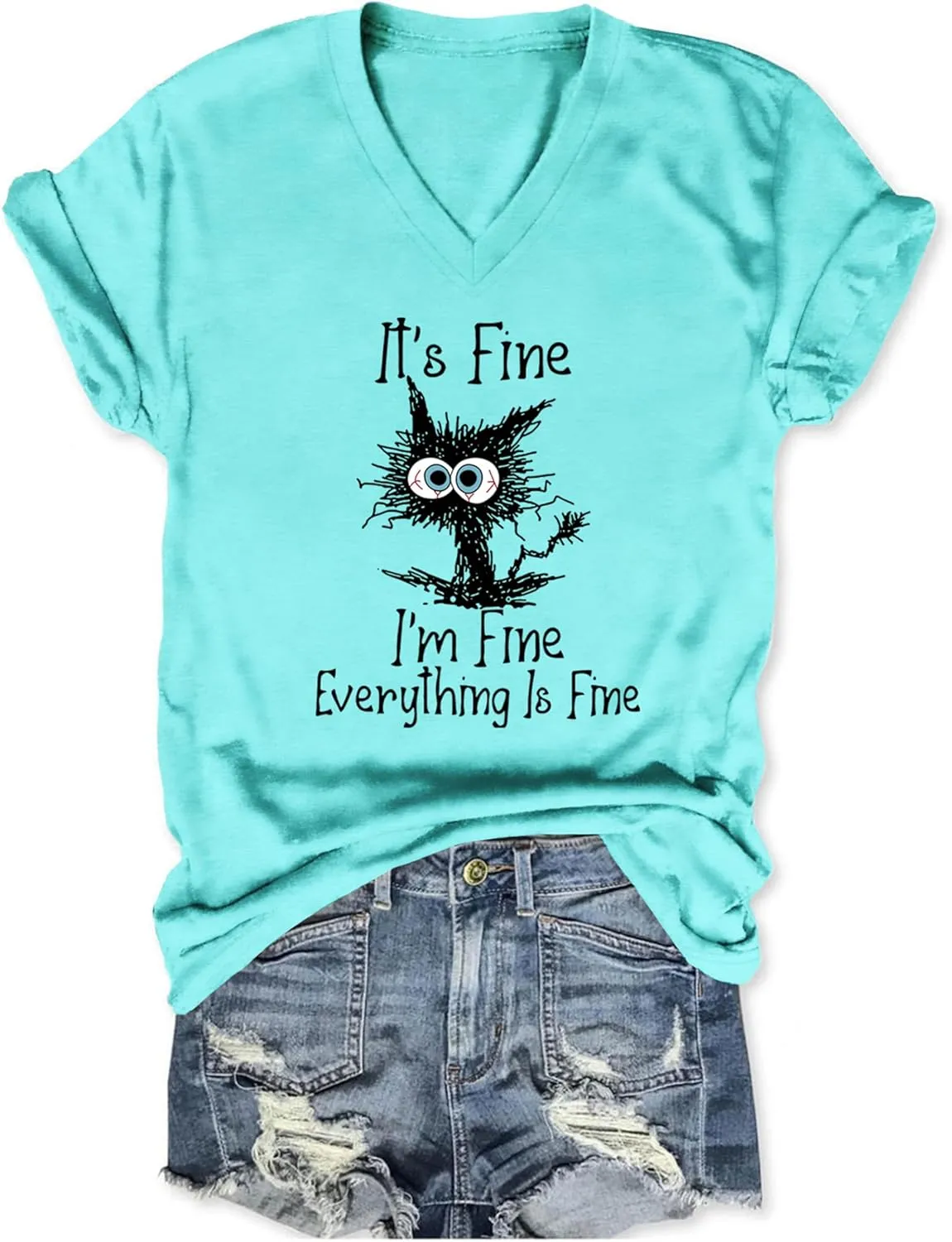 Women's I'm Fine Everything is Fine T Shirts Funny Sayings Casual V-Neck T Shirt Cute Cat Graphic Tee Sarcastic Shirts