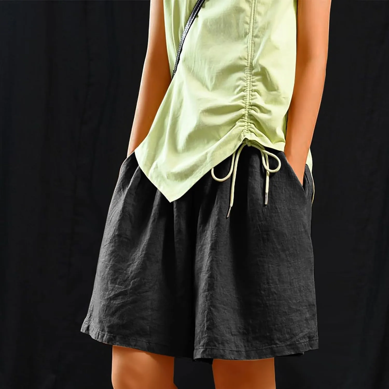 Womens Knee Length Bermuda Shorts Elastic Waist Wide Leg Casual 10" Long Shorts Loose Fit Summer Beach Shorts Pocket