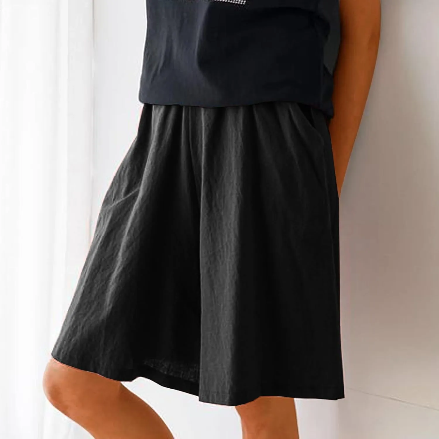 Womens Knee Length Bermuda Shorts Elastic Waist Wide Leg Casual 10" Long Shorts Loose Fit Summer Beach Shorts Pocket