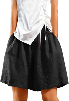 Womens Knee Length Bermuda Shorts Elastic Waist Wide Leg Casual 10" Long Shorts Loose Fit Summer Beach Shorts Pocket