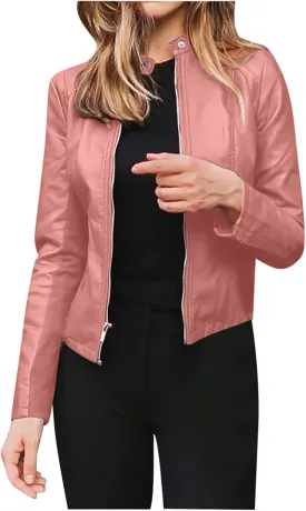 Women's Leather Jackets, Zip Motorcycle Jacket Quilted Lightweight Coat Vegan Pu Leather Fashion Outerwear