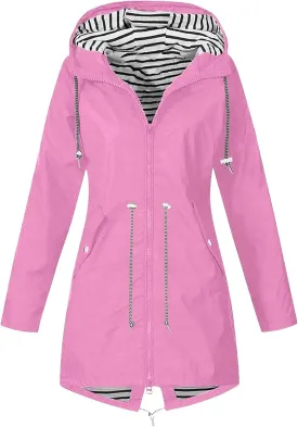 Womens Rain Jacket Lightweight Waterproof Long Hooded Raincoat Striped Lined Hiking Travel Trench Coats Windbreaker