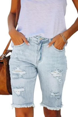 Women's Ripped Mid-Rise Denim Bermuda Shorts Frayed Raw Hem Stretch Jean Shorts