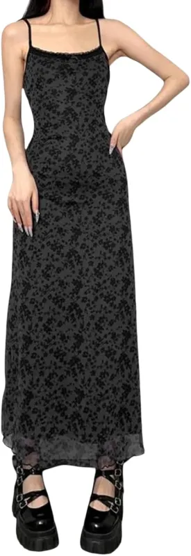 Women's Summer Lace Slip Long Dress Sleeveless Backless Spaghetti Strap Flowy A Line Maxi Dress