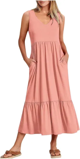 Women's Summer Maxi Casual Dresses 2024 Cold Shoulder V Neck Short Sleeve Dress
