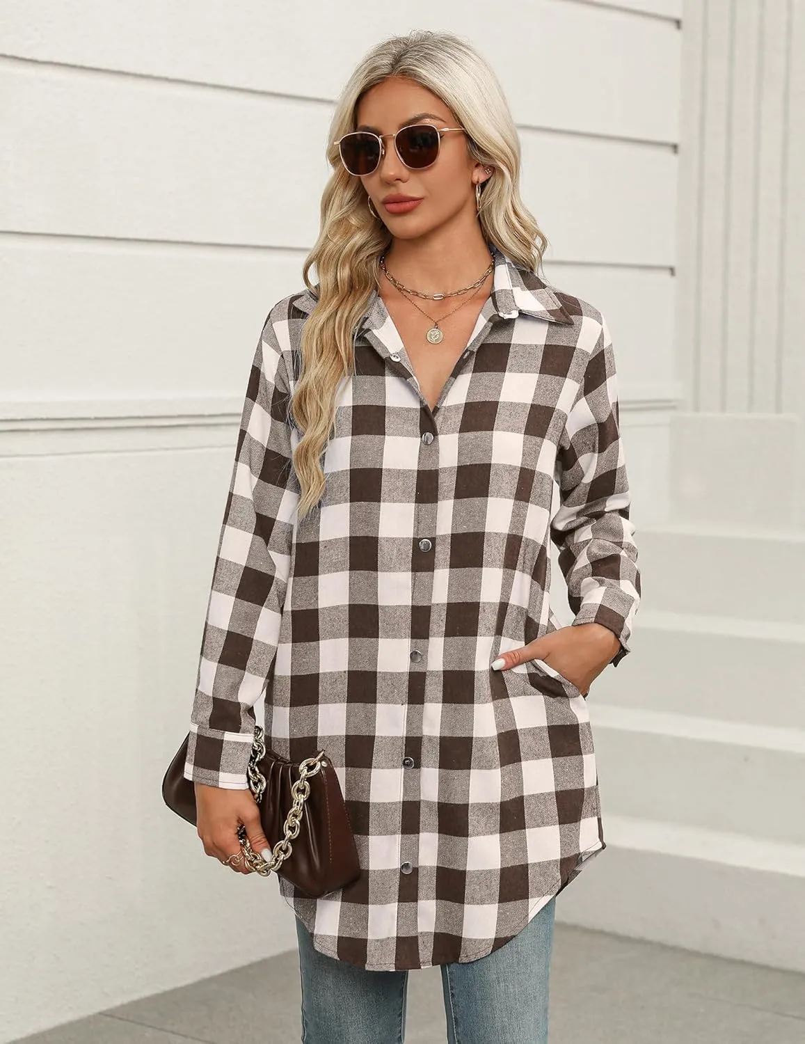 Zeagoo Flannel for Women 2025 Fall Fashion Long Sleeve Plaid Button Down Shirts Shacket Blouse Top with Pockets