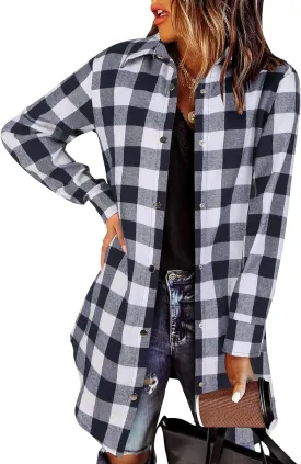 Zeagoo Flannel for Women 2025 Fall Fashion Long Sleeve Plaid Button Down Shirts Shacket Blouse Top with Pockets