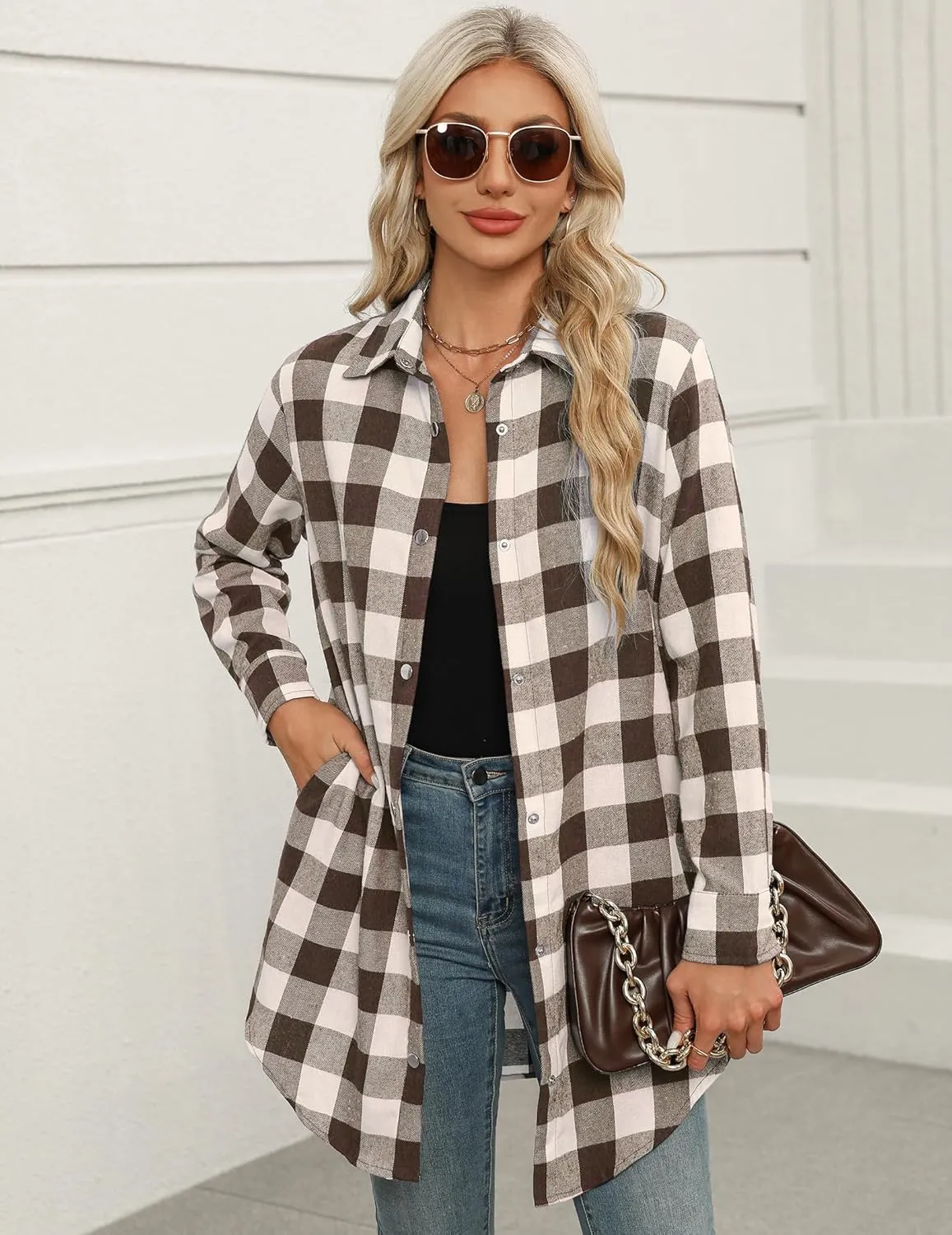 Zeagoo Flannel for Women 2025 Fall Fashion Long Sleeve Plaid Button Down Shirts Shacket Blouse Top with Pockets