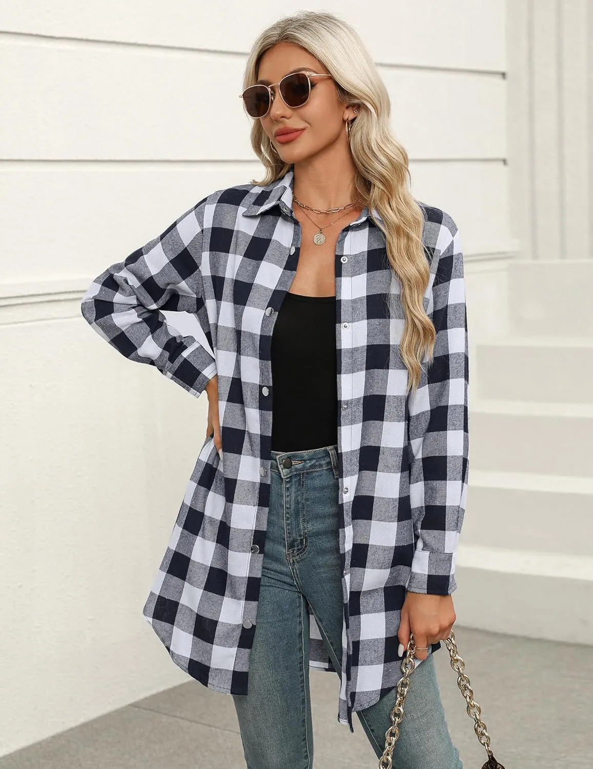 Zeagoo Flannel for Women 2025 Fall Fashion Long Sleeve Plaid Button Down Shirts Shacket Blouse Top with Pockets