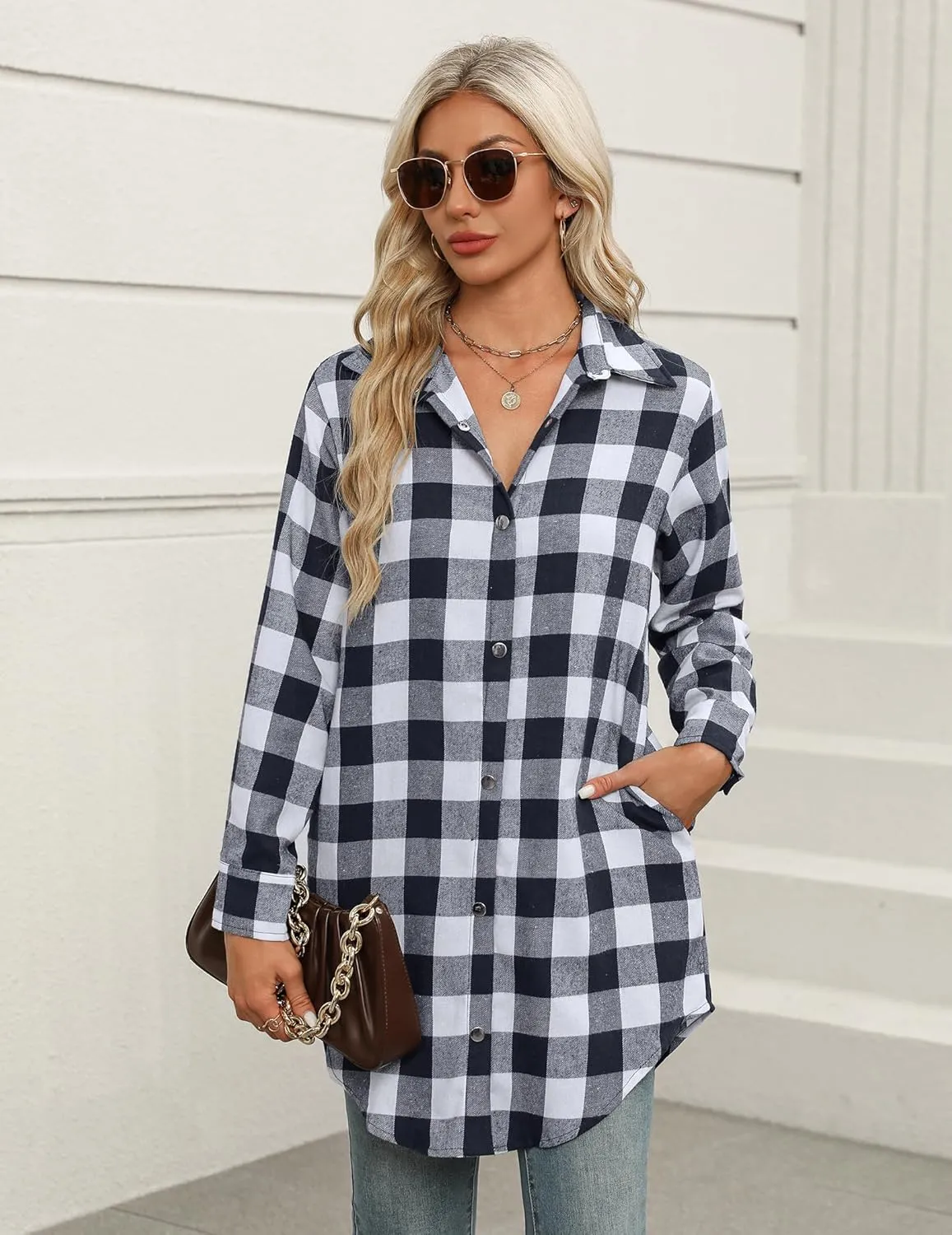 Zeagoo Flannel for Women 2025 Fall Fashion Long Sleeve Plaid Button Down Shirts Shacket Blouse Top with Pockets